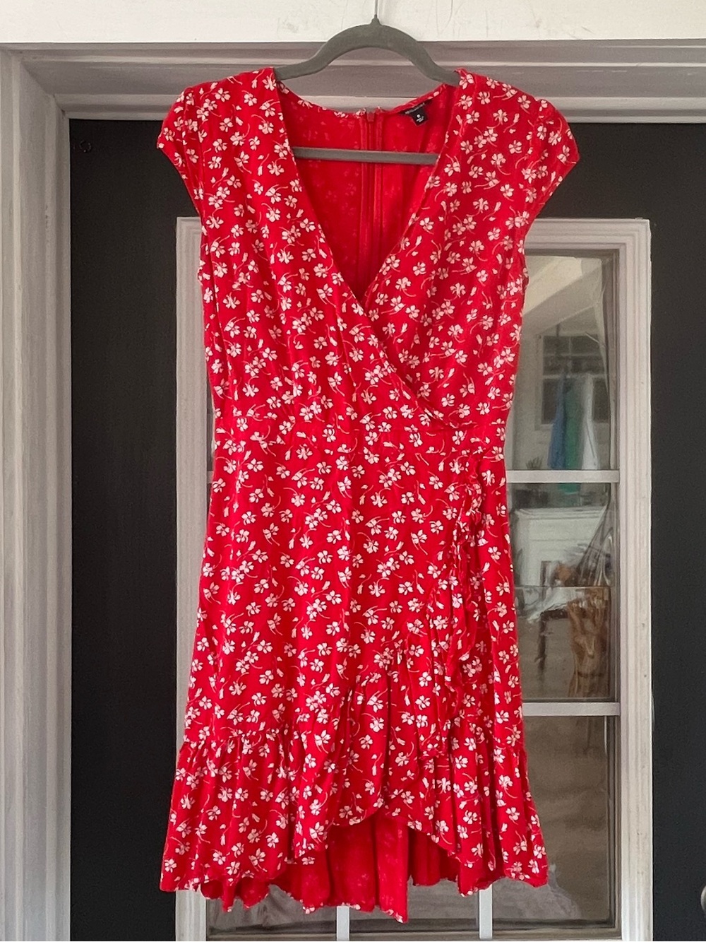 J.Crew Mercantile red floral faux-wrap dress with a ruffled hem - Picture 2 of 15